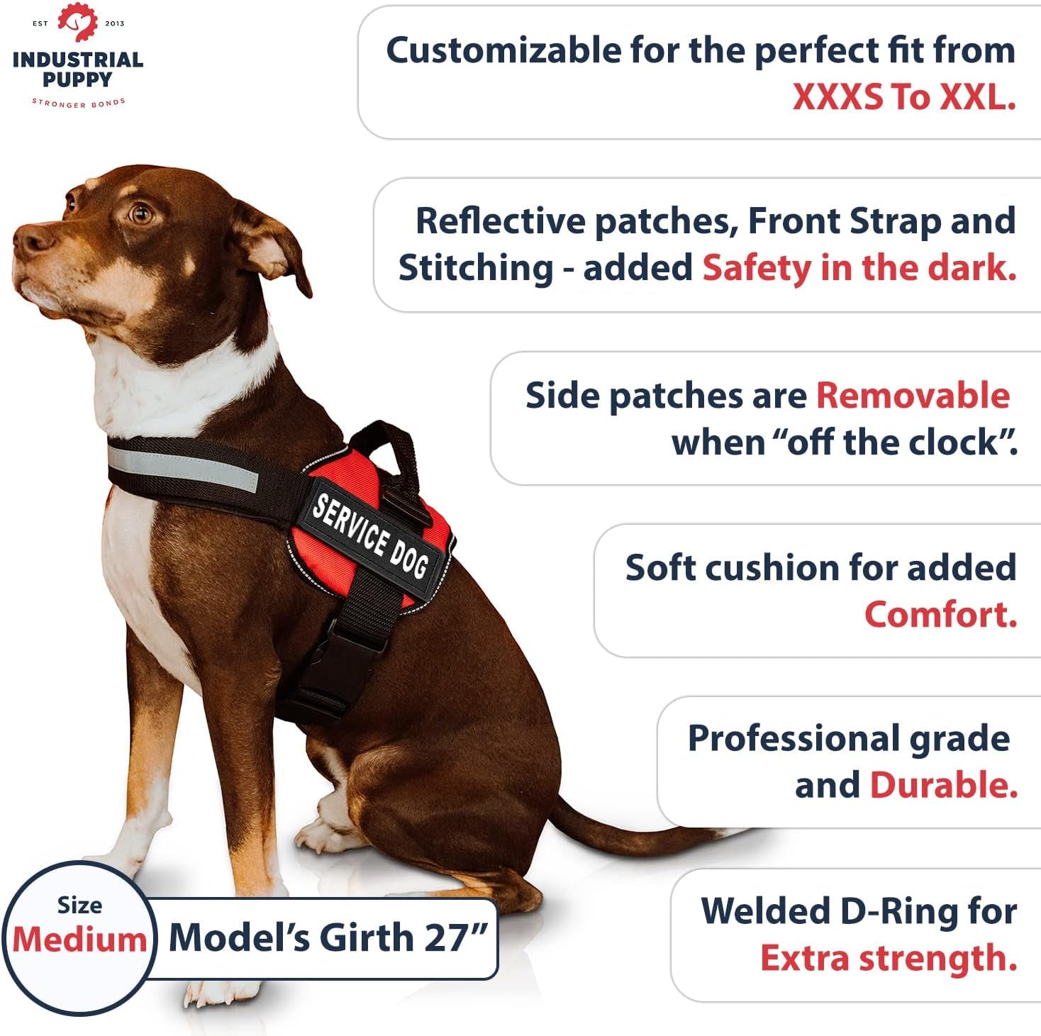 Service Dog Vest with Hook and Loop Straps & Matching Service Dog Leash Set - Harnesses from XXS to XXL - Harness Features Reflective Patch and Comfortable Mesh Design