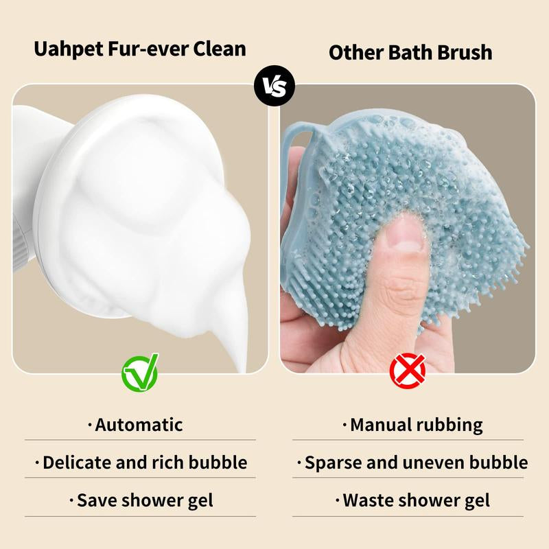 Uahpet Auto-Foaming Dog Bath Brush, No Pre-Wetting Dog Shampoo Brush with Soap Dispenser, a Button Lather up Bath Brush for Dogs Cats, Wireless Pet Bath Brush Scrubber Suds up Dense Foam Quickly